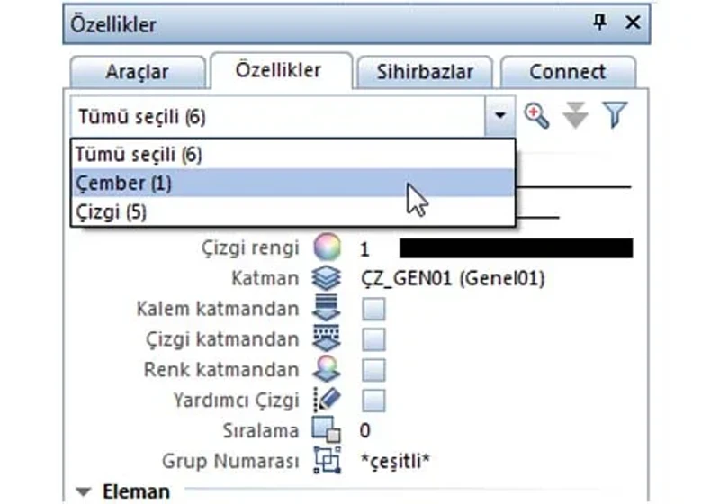 özellikler paletinin kullanımı